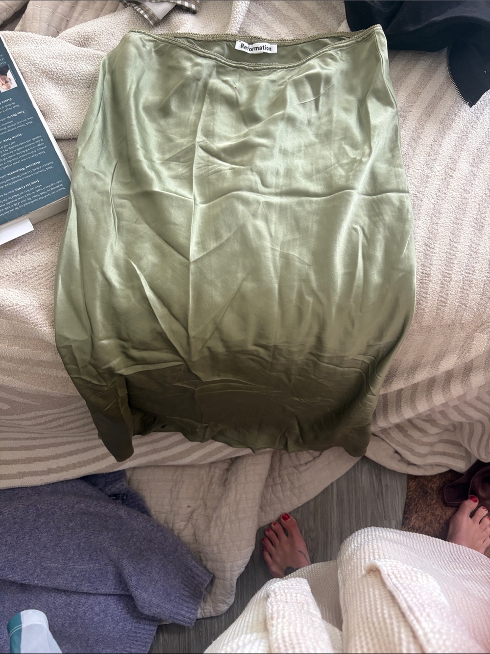 Reformation Olive Satin Bias Slip Skirt
